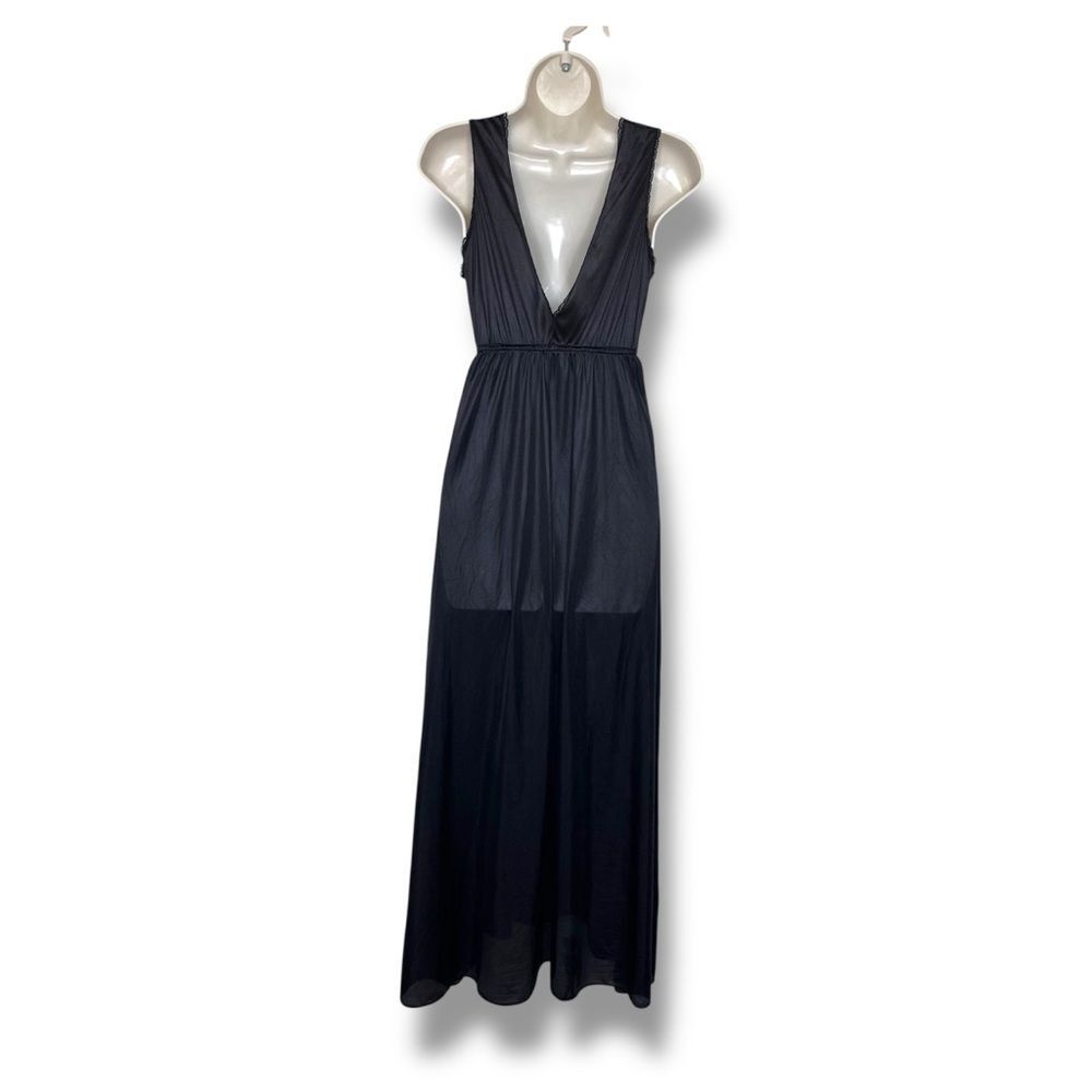 Vintage Texsheen Black Lace Nylon Long Nightgown Peignoir Chemise Women Small - Picture 3 of 14